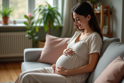 Femme enceinte assise sur un canapé dans un intérieur cosy