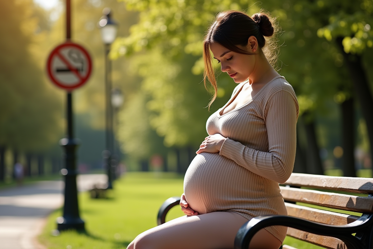 Femme enceinte dans un parc avec fleurs en arrière-plan