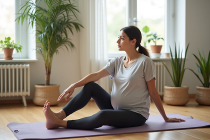Femme enceinte assise en relaxation dans un salon lumineux