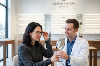 Femme essayant des lunettes chez un nouvel opticien dans une boutique moderne et accueillante