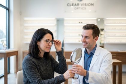 Femme essayant des lunettes chez un nouvel opticien dans une boutique moderne et accueillante