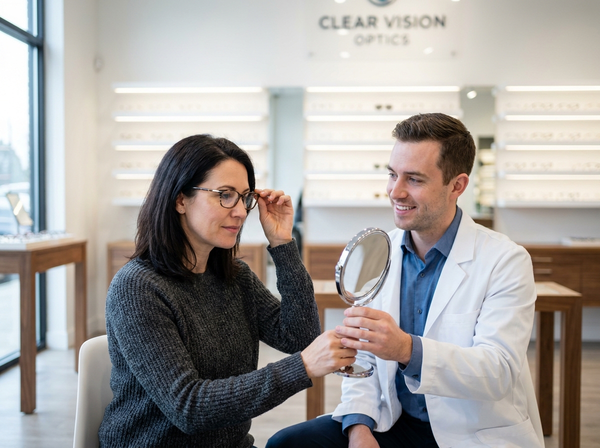 Femme essayant des lunettes chez un nouvel opticien dans une boutique moderne et accueillante
