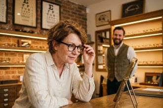 Femme essayant des lunettes chez un opticien indépendant dans une boutique de proximité au décor chaleureux en bois