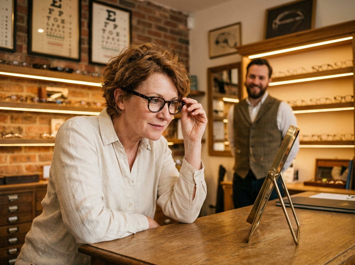 Femme essayant des lunettes chez un opticien indépendant dans une boutique de proximité au décor chaleureux en bois