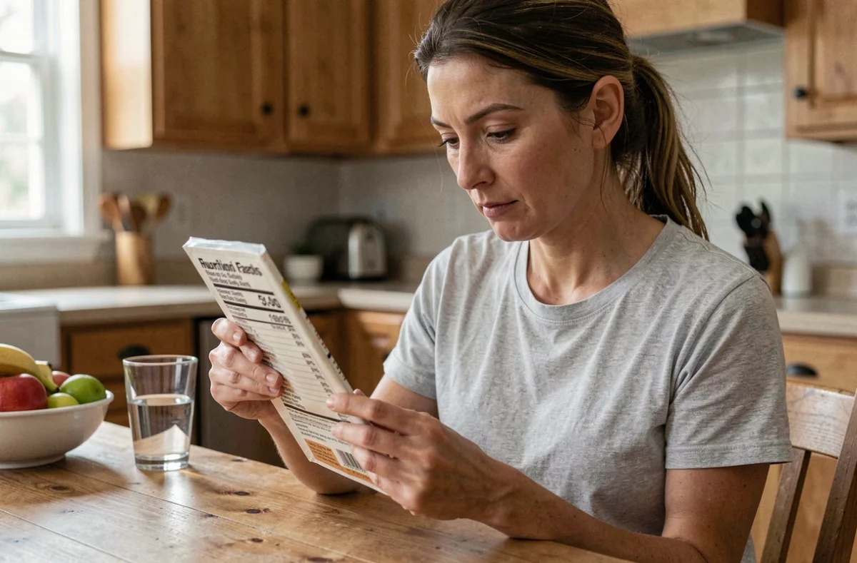 Femme lisant une étiquette nutritionnelle dans sa cuisine pour surveiller sa glycémie au quotidien