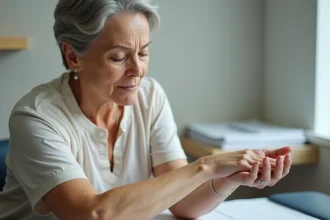 Femme d'âge mûr examinant une tache cutanée suspecte sur son avant-bras lors d'une consultation dermatologique