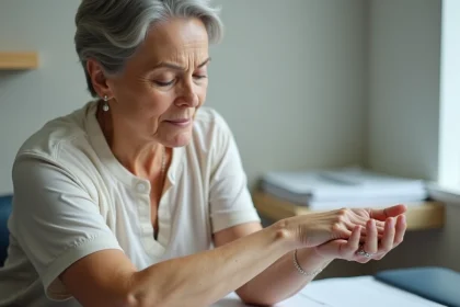 Femme d'âge mûr examinant une tache cutanée suspecte sur son avant-bras lors d'une consultation dermatologique