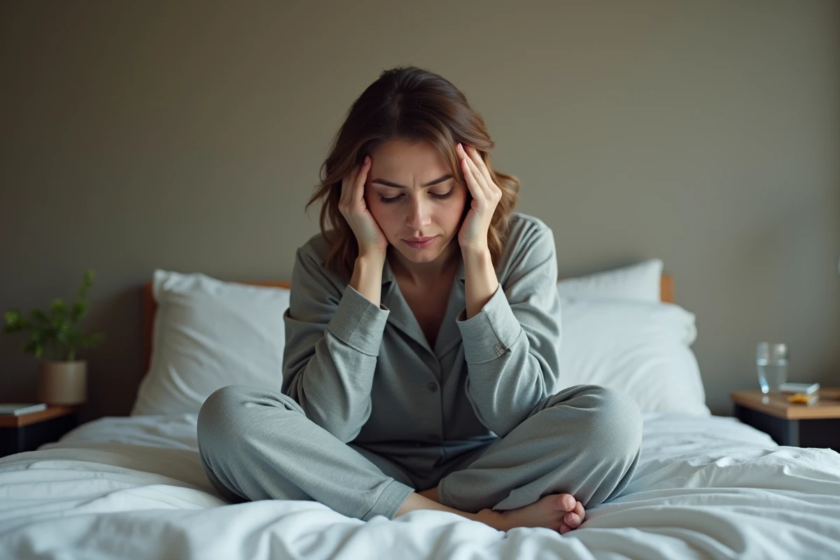 Femme fatiguée assise au bord du lit tenant sa tête entre ses mains, illustrant une fatigue extrême malgré des résultats médicaux normaux