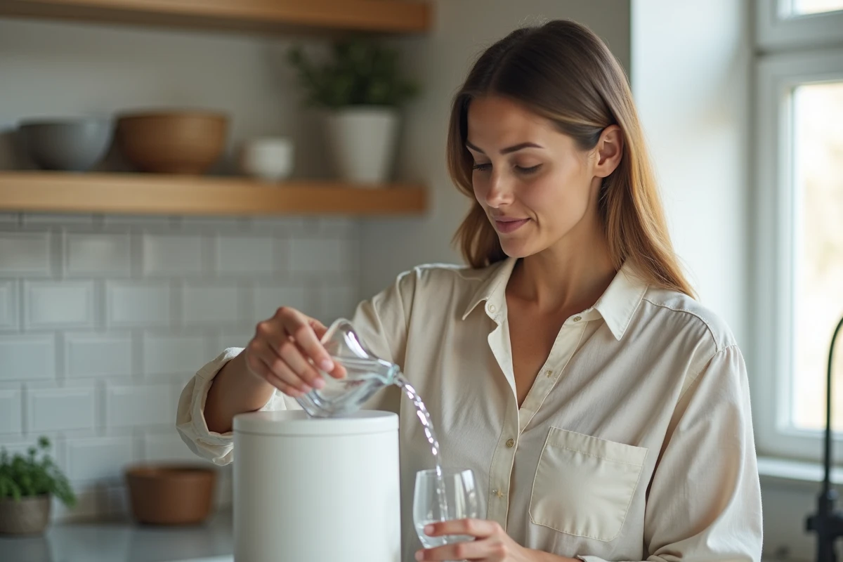 Femme versant de l'eau filtrée depuis un filtre Berkey dans un verre transparent dans une cuisine moderne