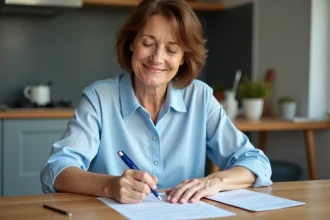 Femme souriante remplissant un formulaire de la Carte Vitale