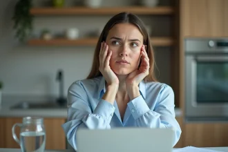 Femme inquiète en cuisine cherchant en ligne