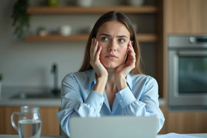 Femme inqui&egrave;te en cuisine cherchant en ligne