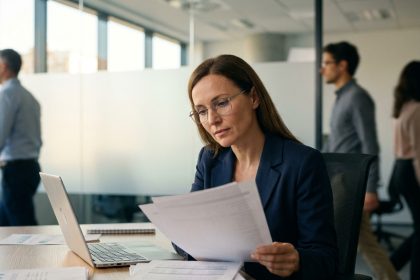 Femme portant des lunettes bien ajustées travaillant concentrée à son bureau dans un open space moderne