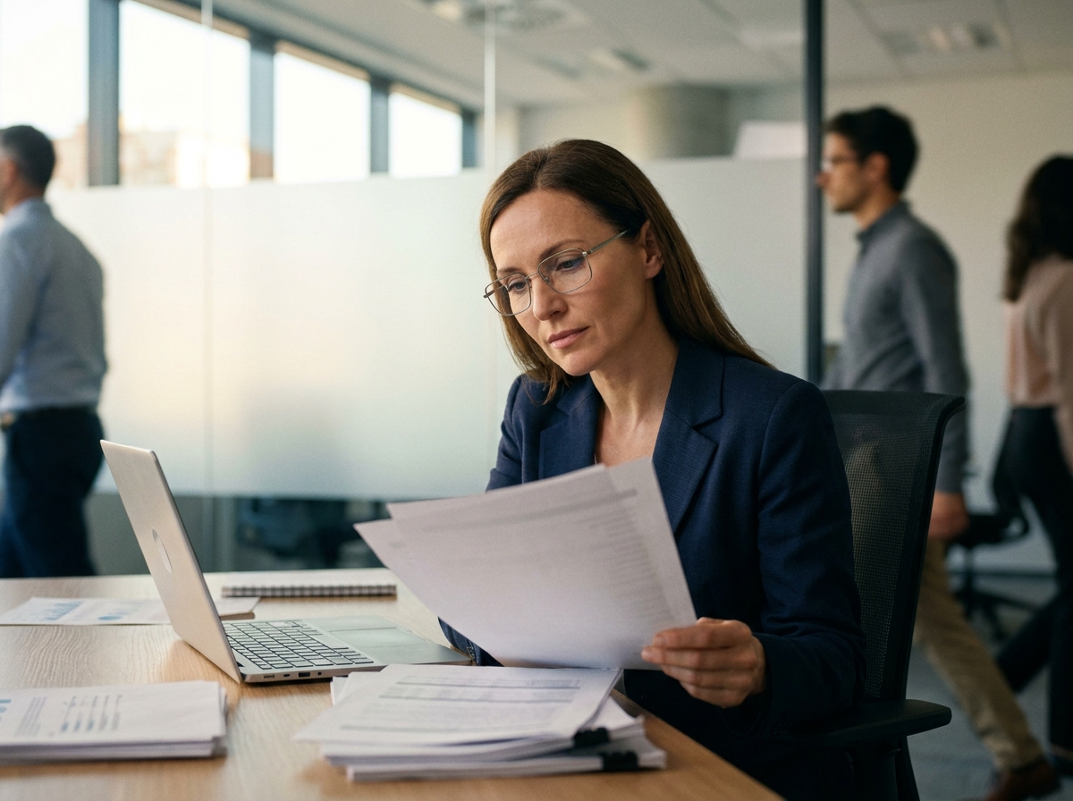Femme portant des lunettes bien ajustées travaillant concentrée à son bureau dans un open space moderne