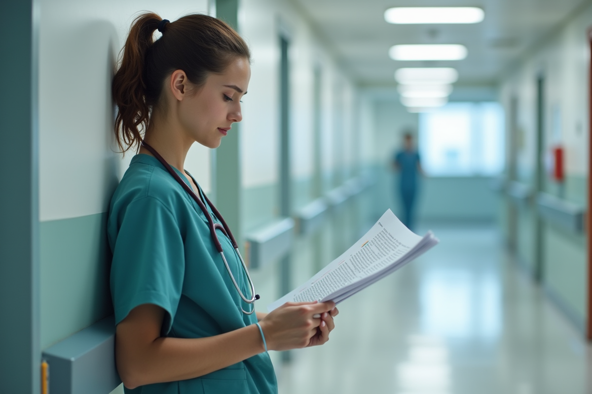 Jeune femme médecin lisant un manuel hospitalier