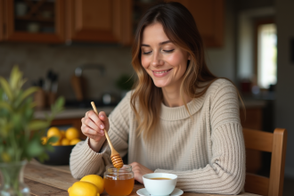 Femme dégustant du miel dans une cuisine chaleureuse