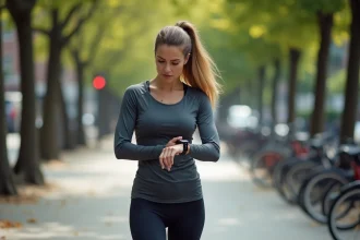 Femme consultant sa montre connectée pour compter ses pas pendant une marche urbaine