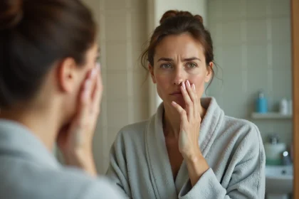 Femme d'une quarantaine examinant son nez dans le miroir