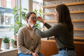 Femme d'âge moyen dans une boutique d'optique accueillante