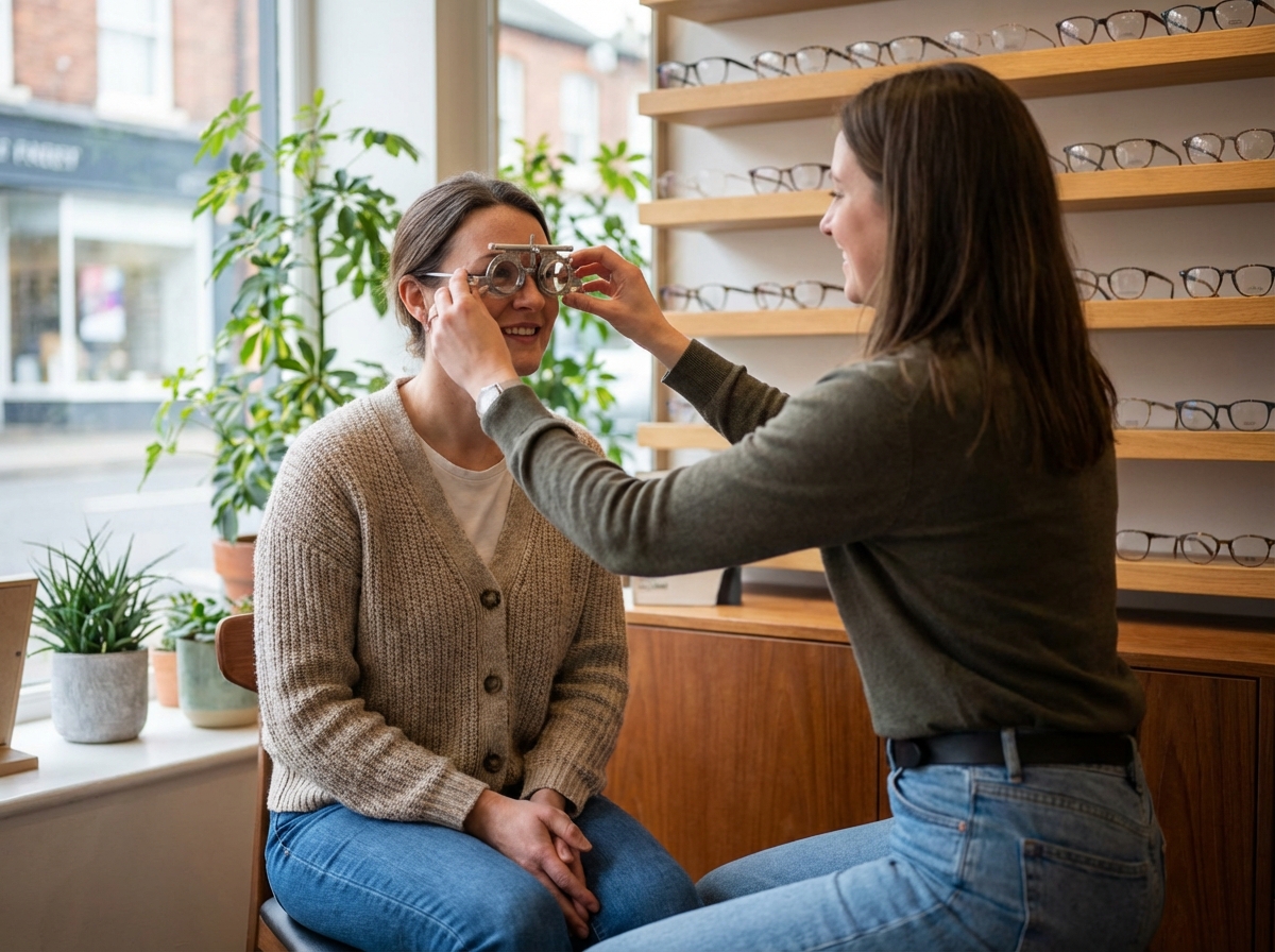Femme d'âge moyen dans une boutique d'optique accueillante