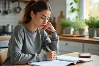 Femme organisée planifiant ses repas dans une cuisine moderne