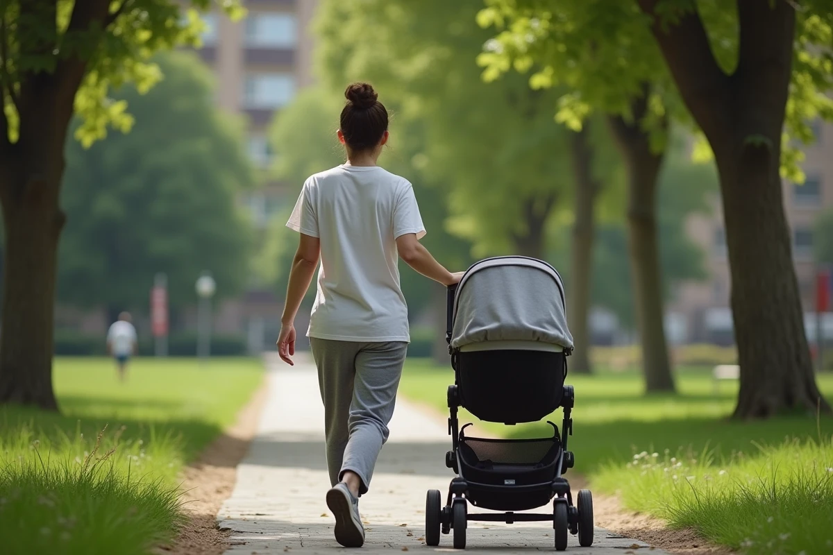 Jeune maman marche dans un parc avec sa poussette