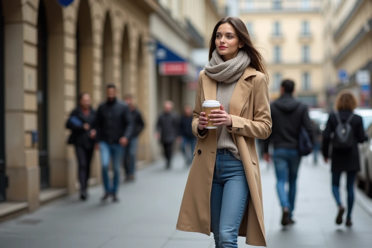 Femme parisienne en trench et jeans dans la ville