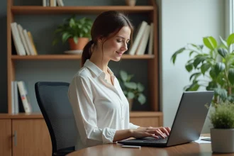 Femme assise en posture correcte au bureau pour soulager le dos