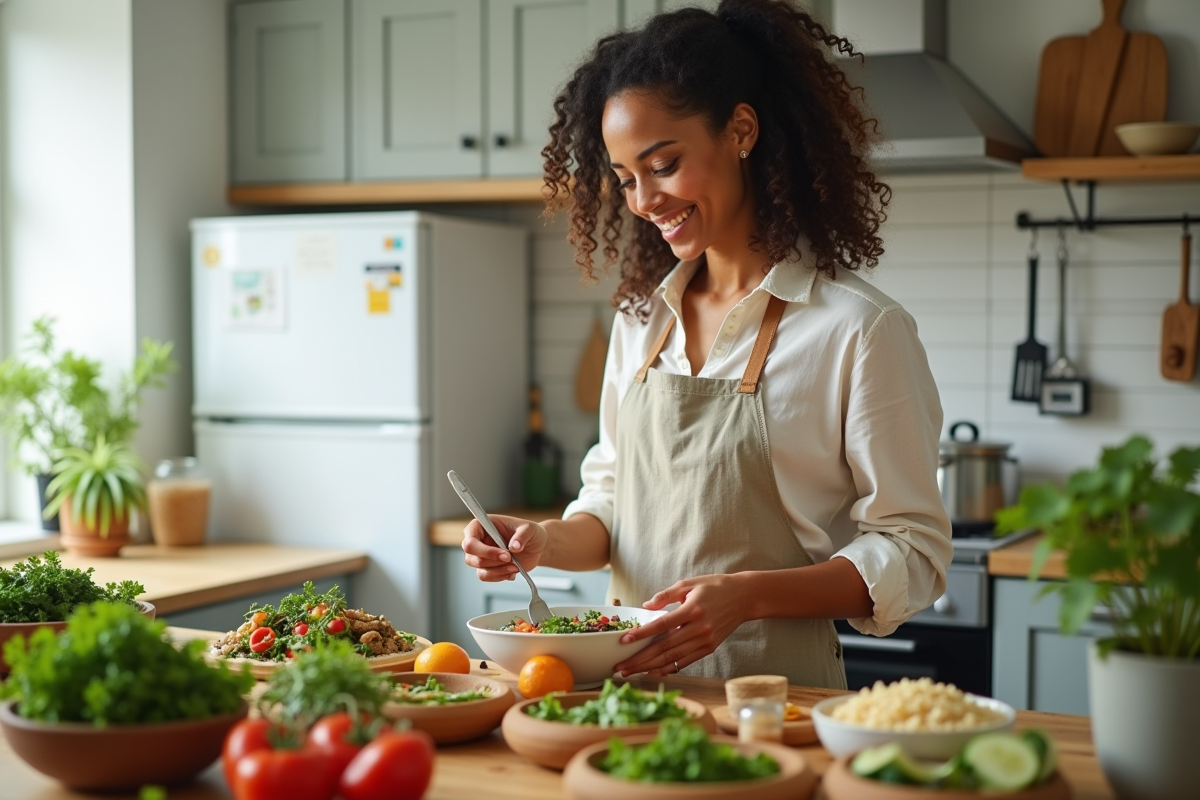 Jeune femme souriante préparant un repas vegan coloré
