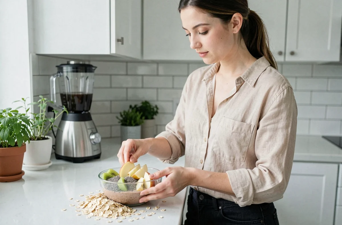 Femme préparant un bol de smoothie aux pommes, flocons d'avoine et graines de chia dans une cuisine moderne pour améliorer la digestion
