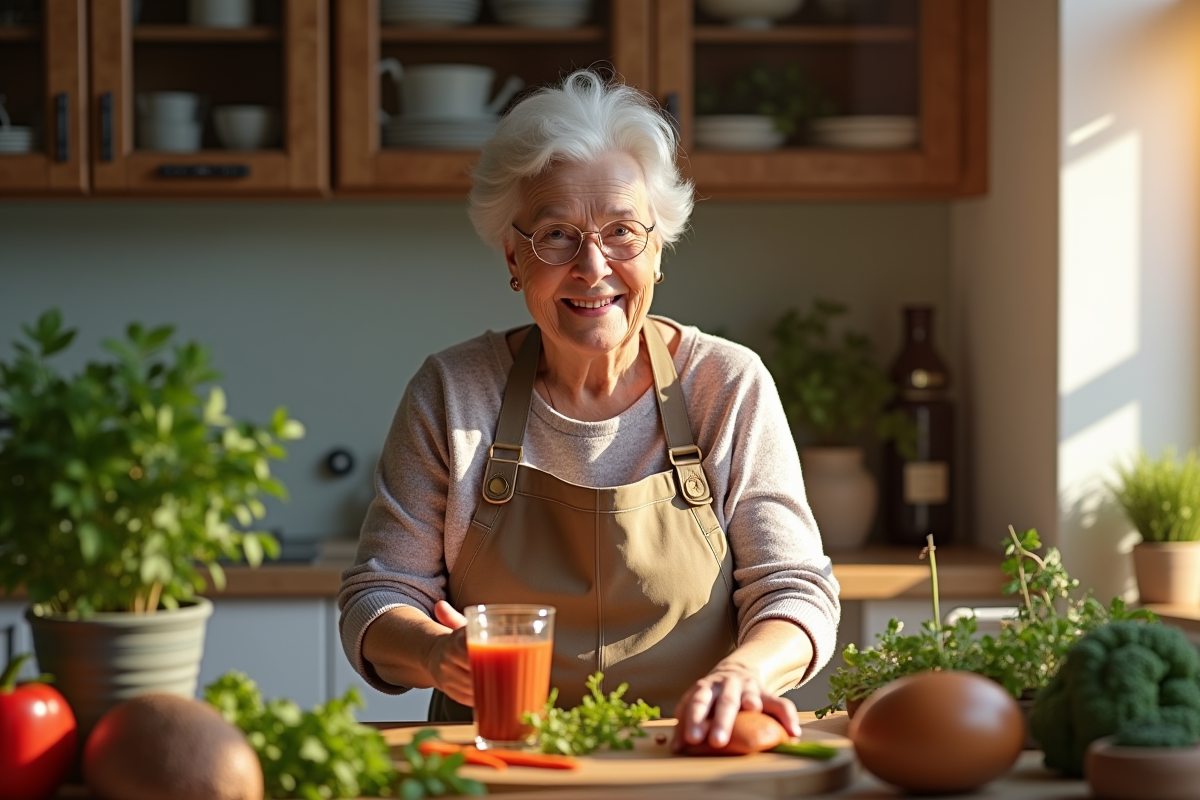 Femme âgée prépare une boisson detox dans la cuisine chaleureuse