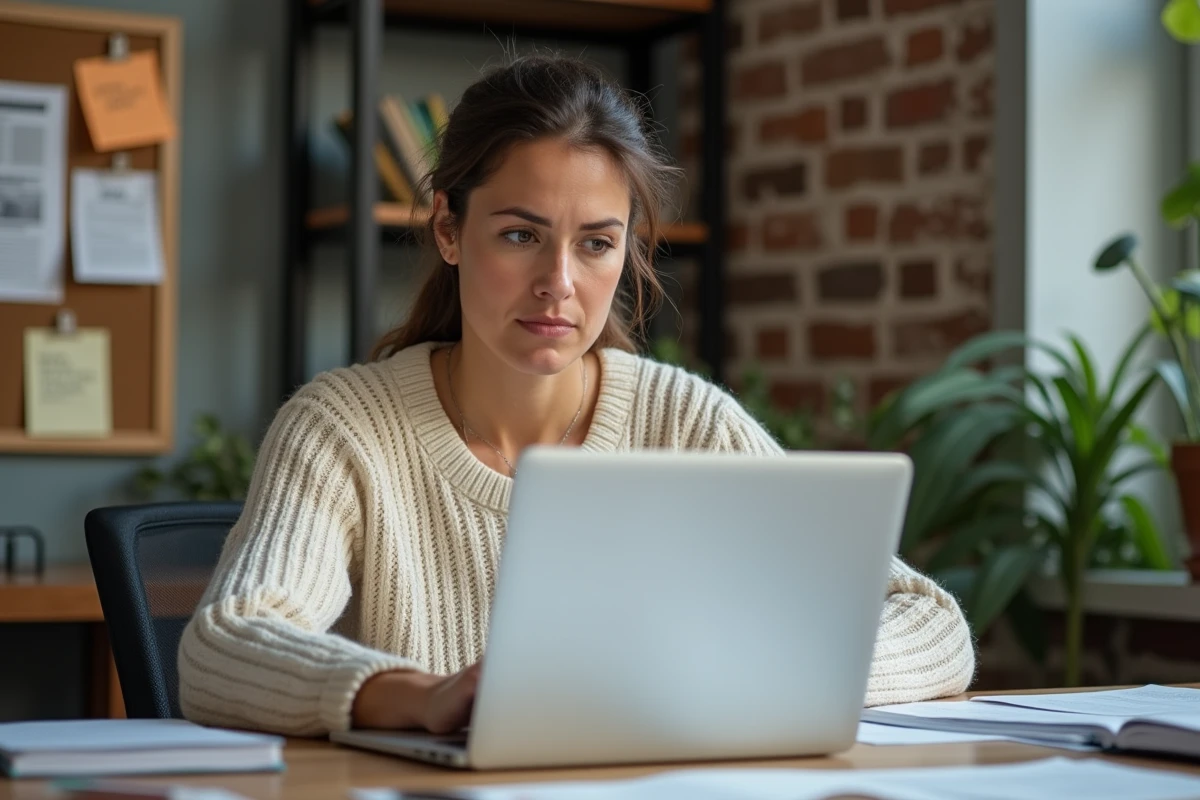 Femme dans un bureau à domicile lisant des avis sur une méthode minceur avec une expression sceptique et analytique