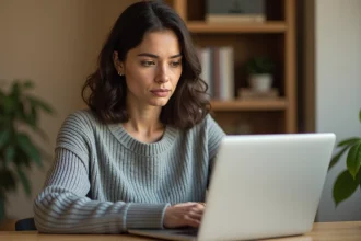 Femme cherchant un médecin en ligne sur son ordinateur portable depuis son bureau à domicile