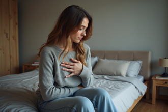 Femme pensive assise sur le lit dans une chambre chaleureuse