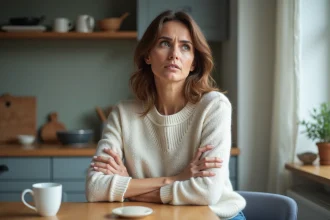 Femme pensant dans sa cuisine avec un pull en coton