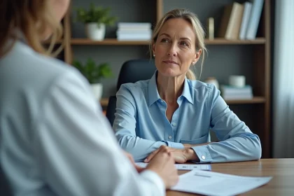 Femme d'&acirc;ge moyen examine ses r&eacute;sultats m&eacute;dicaux en cabinet