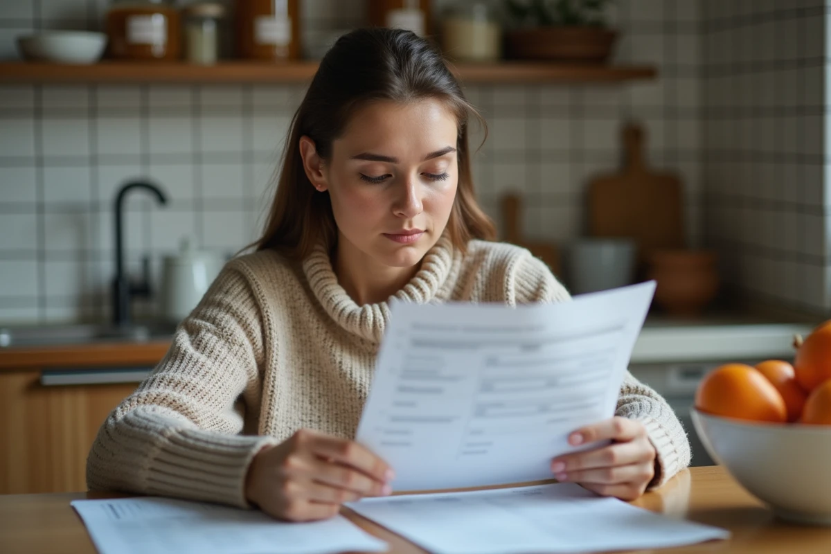 Jeune femme lit resultats medicals dans sa cuisine chaleureuse