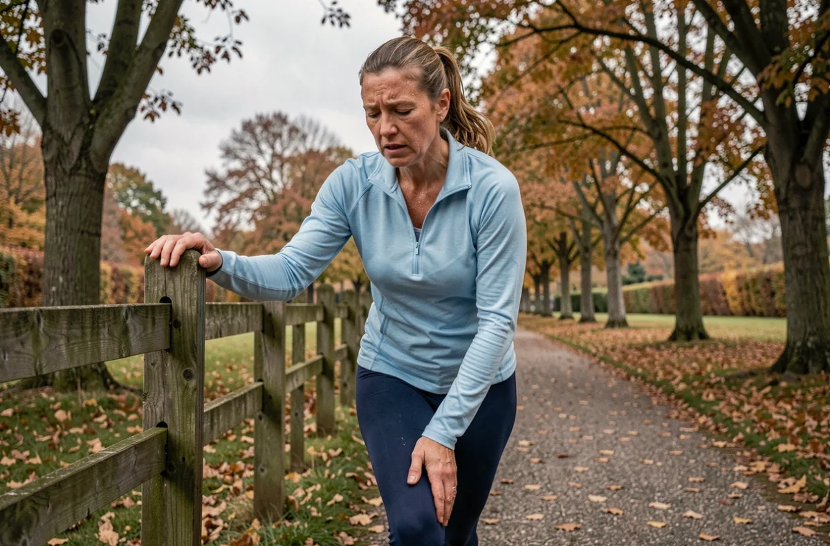 Femme runner s'arrêtant pour une crampe musculaire au mollet pendant un jogging en plein air, symptôme fréquent d'un manque de potassium chez le sportif