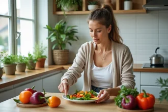 Femme en cuisine préparant une salade colorée et saine