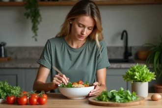 Femme en athleisure préparant une salade colorée dans la cuisine