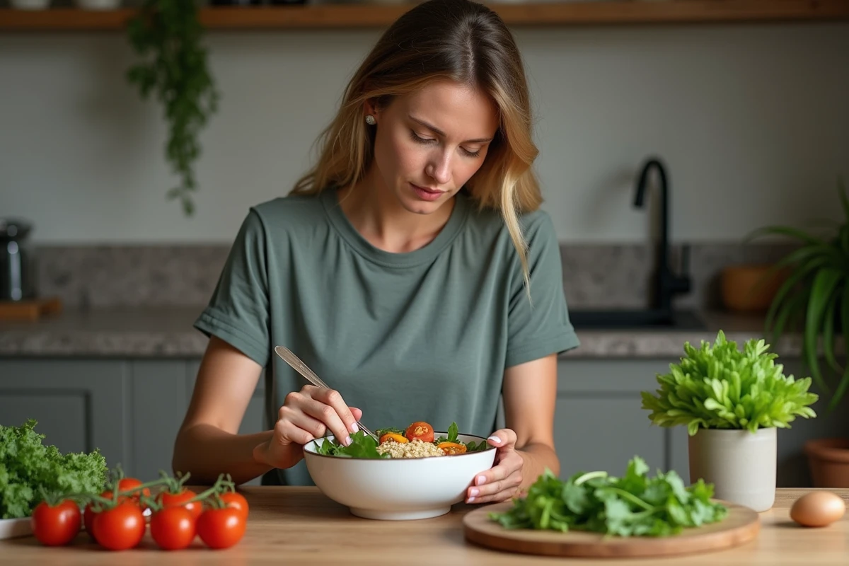 Femme en athleisure préparant une salade colorée dans la cuisine