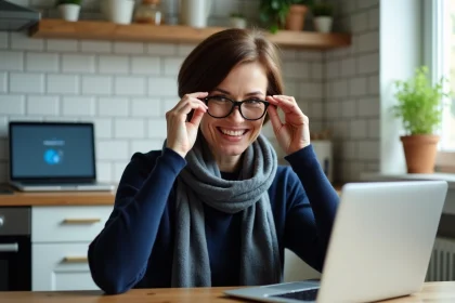 Femme d'&acirc;ge moyen ajustant ses lunettes dans la cuisine