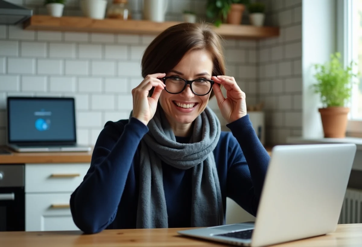 Femme d'âge moyen ajustant ses lunettes dans la cuisine