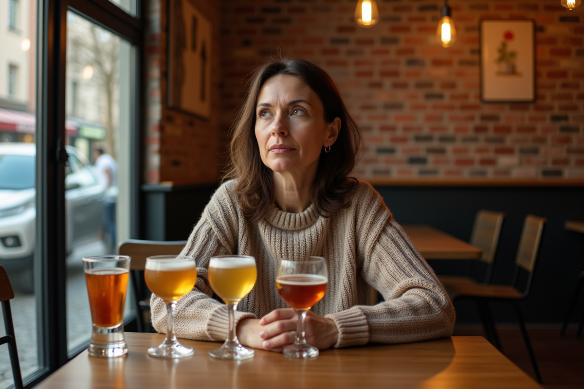 Femme contemplant des verres d alcool sur une table de bistrot