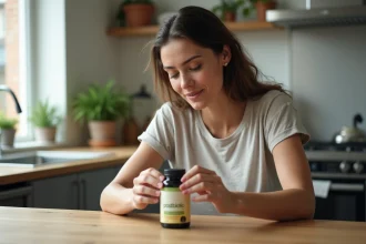 Femme lisant une étiquette de postbiotique dans la cuisine