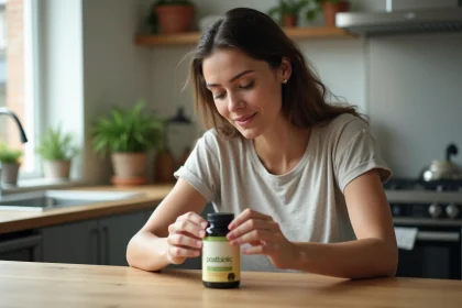 Femme lisant une &eacute;tiquette de postbiotique dans la cuisine