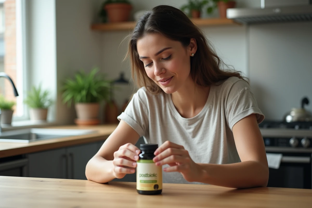 Femme lisant une étiquette de postbiotique dans la cuisine
