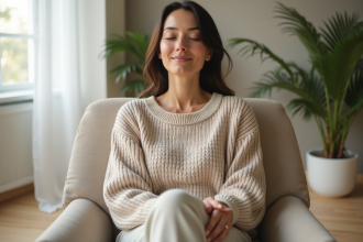 Femme calme en studio de bien-être avec plantes vertes