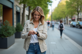 Femme urbaine vérifiant sa smartwatch en ville