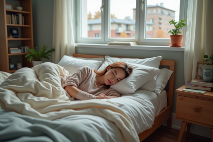 Jeune femme endormie dans son lit confortable